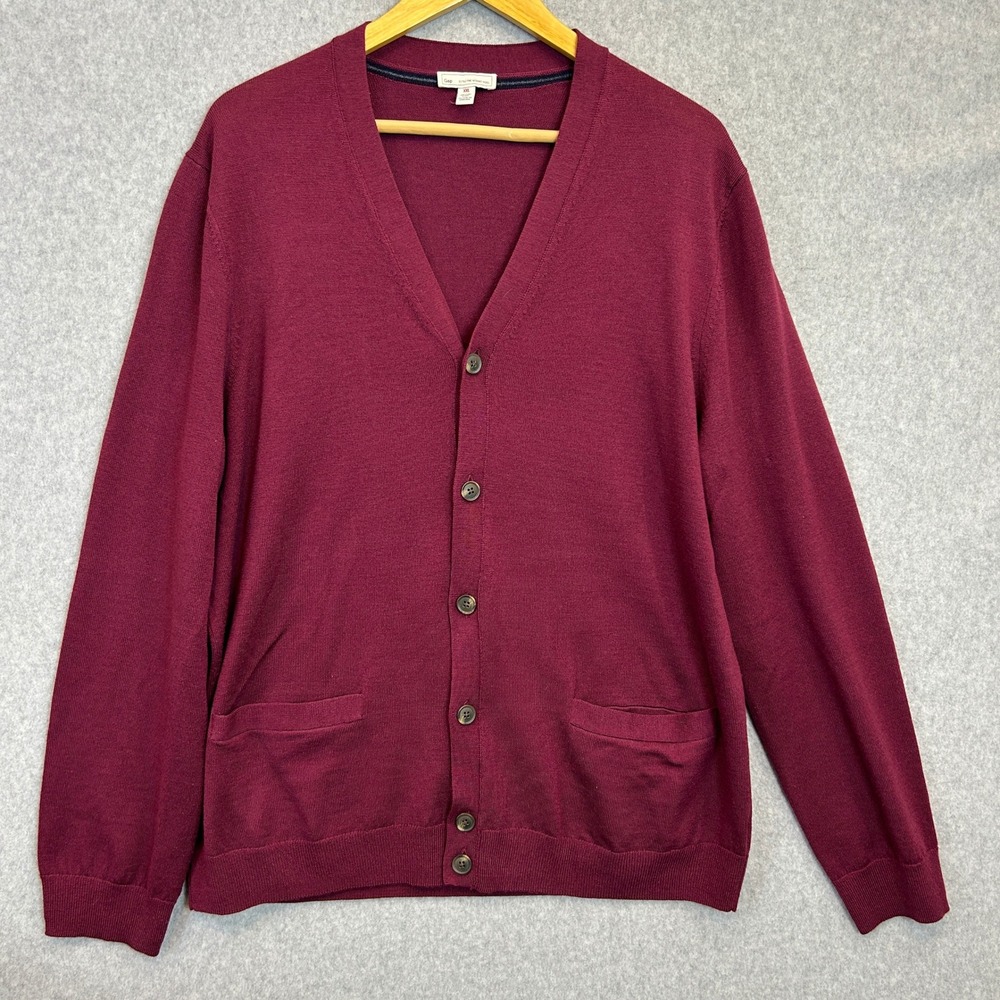 GAP Cardigan Sweater Wine Burgundy Red Extra Fine Merino Wool Old Money Mens XXL